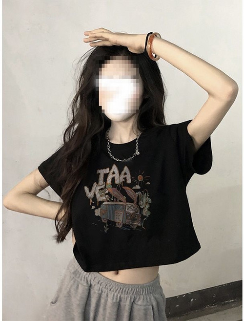 印花短版上衣 圓領短袖T恤