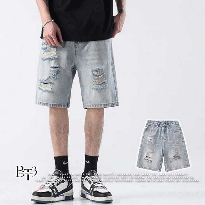 BT3 store 男生牛仔短褲 丹寧水洗刷破五分休閒 MM46
