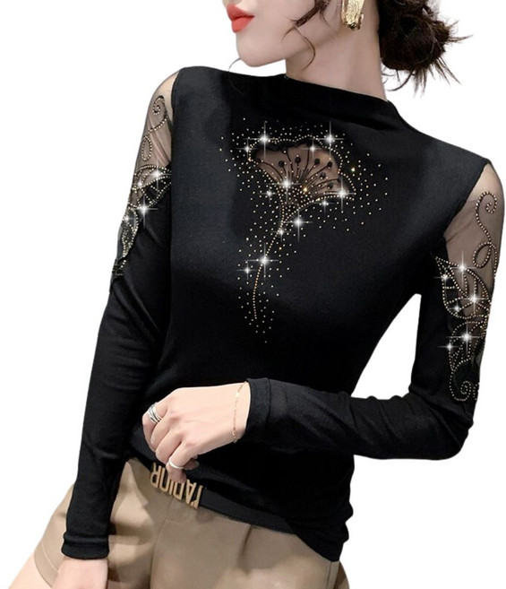 댄스복 상의 여성용 반폴라 핫피스 망사 티셔츠 긴팔 프린트 상의 뉴타임즈 P804G485