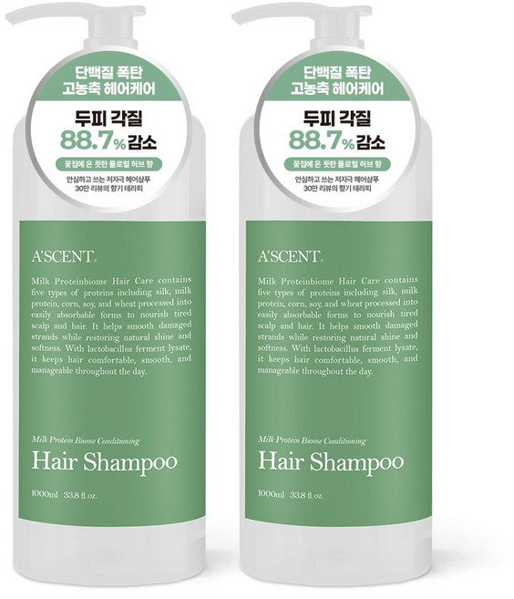 에이센트 약산성 샴푸 대용량 비듬 단백질 미용실 청소년 사춘기 퍼퓸 향기좋은 정수리 냄새 두피 가려움 지성 그린에어리, 2개, 1L