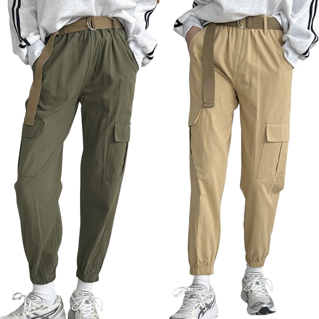 [1+1] 로로비 여성 코튼 카고 바지 허리 밴딩 9부 조거 팬츠