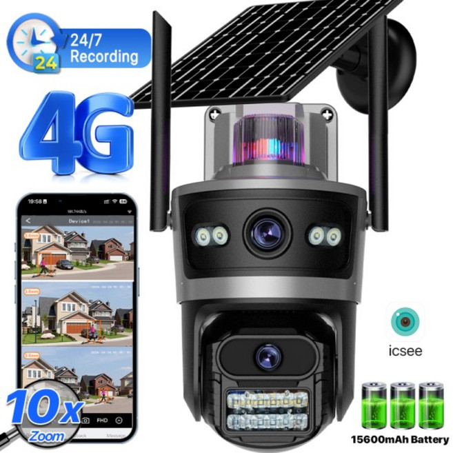4G 태양광 카메라 AOV 내장 배터리 24시간 기록 3화면 야외 10X 줌 캠 자동 트랙 9W 태양광 패널 15600mAh, 03 AOV 4G Add 32G