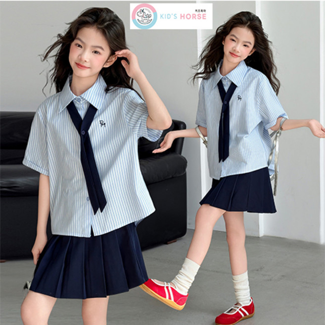 키즈목마 여아용 스쿨룩 썸머 스트라이프 셔츠 초등학생 초중생 타이 주름 스커트치마 상하복 897