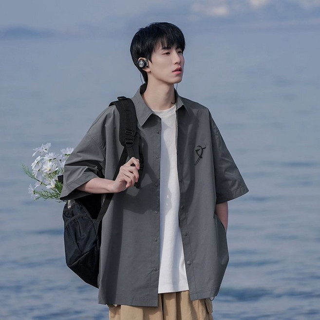 男士夏季工裝短袖襯衫日系復古寬鬆休閒半袖襯衣美式痞帥潮牌外套