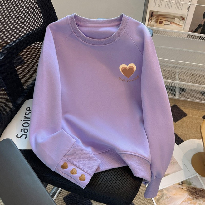 TIMEPURE 가을 겨울 여성용 따뜻한 하트 자수 라운드넥 맨투맨 캐주얼 빅사이즈 양털 후드티