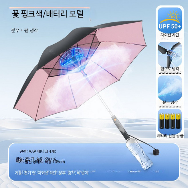 선풍기우산 접이식 팬브렐라 휴대용 자외선차단 야외, 꽃 핑크 직선형 건전지 필요, 1개, 2000ml