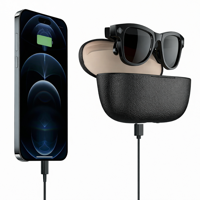 AI 스마트 안경 800만 화소 실시간 번역 사진영상 촬영 교체형 렌즈 휴대용 충전 케이스 포함 보조배터리 기능 컴팩트 디자인 출장 여행용, 블랙 충전 케이스, M02