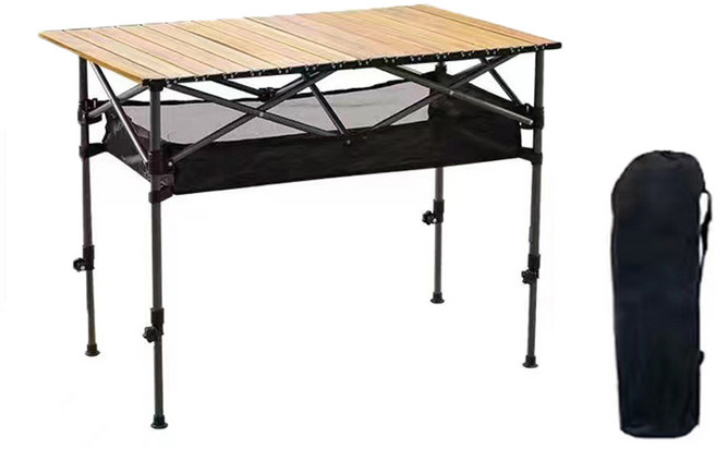고품질후강판 휴대용 높이 조절 접이식 캠핑 테이블+망태, 우드