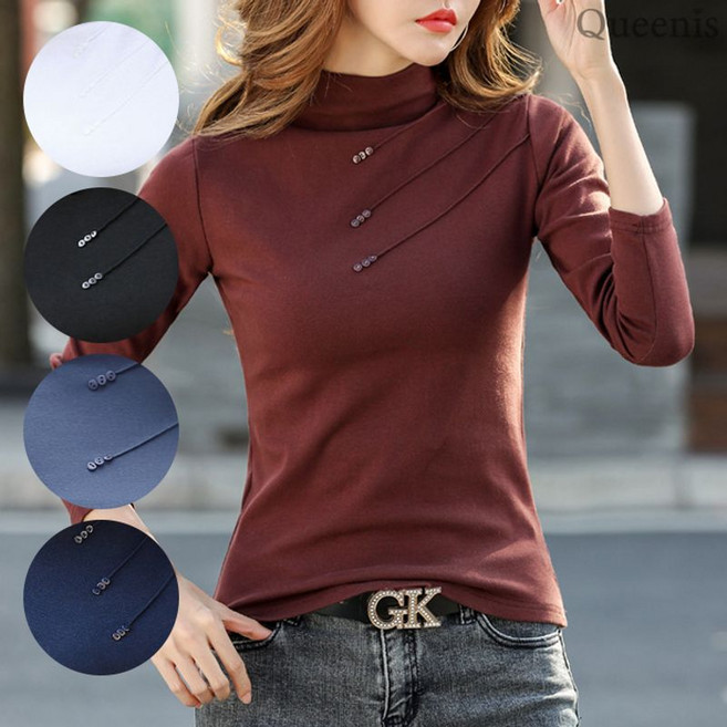 퀸이즈 빠른배송 사선라인 단추장식 반목 티셔츠