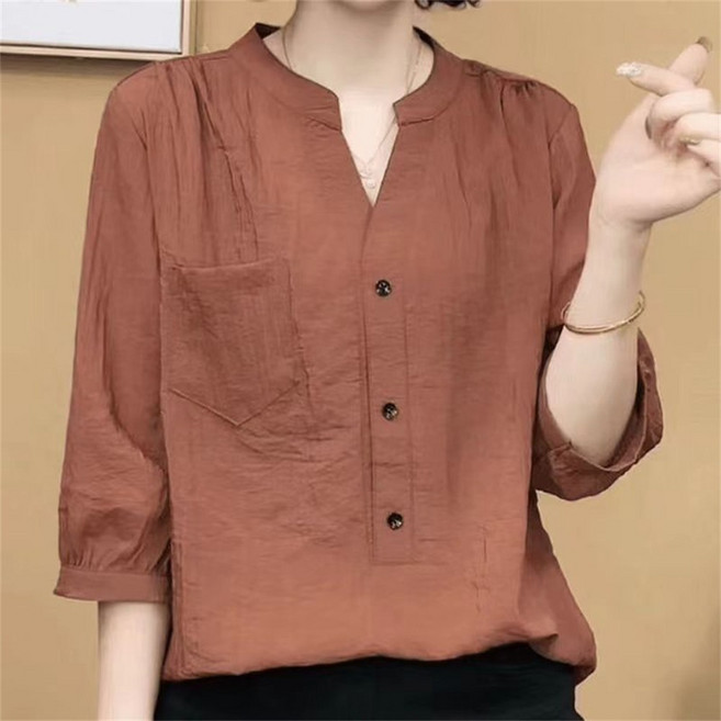 TIRA 여성 7부 셔츠 단추 루즈핏 캐주얼 심플 포켓 데일리 오피스 봄 여름 기본 스타일