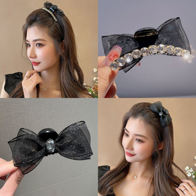 티큐 앞머리 옆머리 쉬폰 망사 리본 양면 큐빅 집게 머리핀 2개 세트 H276S