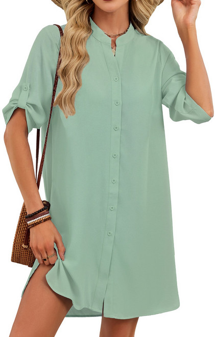 【春夏爆款】V領連衣裙 襯衫裙 連衣裙女 中袖連衣裙 紐扣連衣裙 通勤連衣裙 法式復古設計 收腰顯瘦 歐美外貿原單 亞馬遜速賣通熱銷, 豆綠