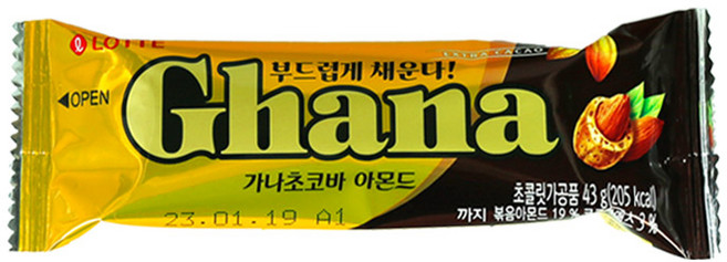 롯데제과 가나 초코바 아몬드 43gX1개 과자 간식 디저트 초콜릿 에이비씨 가나 카카오 크런키 발렌타인데이 화이트데이 어린이, 43g, 1개