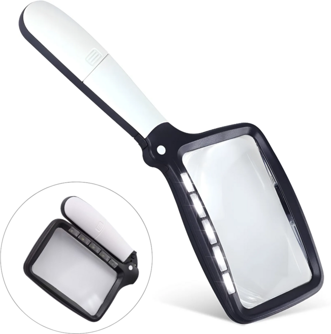 미유팝 휴대용 LED 접이식 돋보기 노인용 손잡이형 확대경, 1개, 화이트