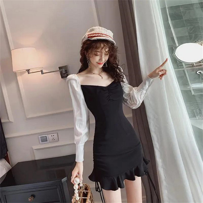 TKX 홀복 여성용 슬림핏 원피스 긴팔 미니원피스 봄 가을 패션 우아한 파티룩 K71