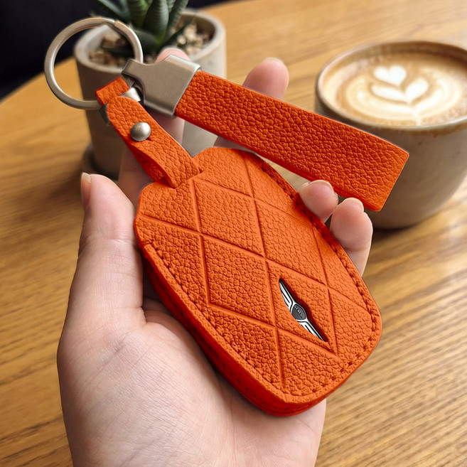 강튼 제네시스 가죽 차키 케이스 키홀더 키커버 GV80 G80 GV70 G70, 제니시스C타입(4버튼), 오렌지