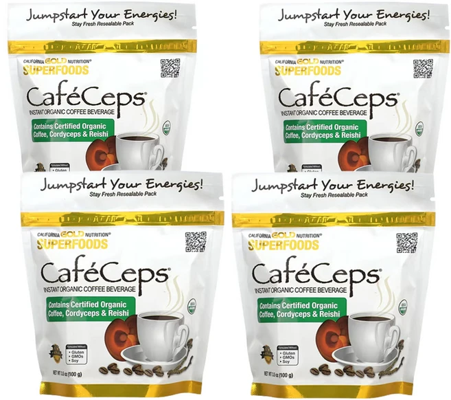 캘리포니아골드 뉴트리션 CafeCeps 유기농 인증 인스턴트 커피 동충하초 및 영지버섯 분말 함유 100g(3.5oz), 4개, 100g - 쿠팡