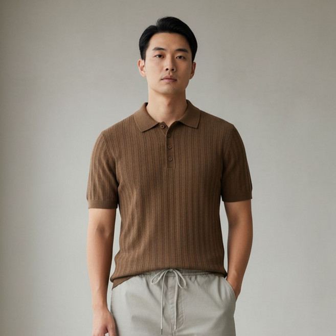 [펜타온] 폴로 카라넥 버튼 골지 반팔 니트 티셔츠