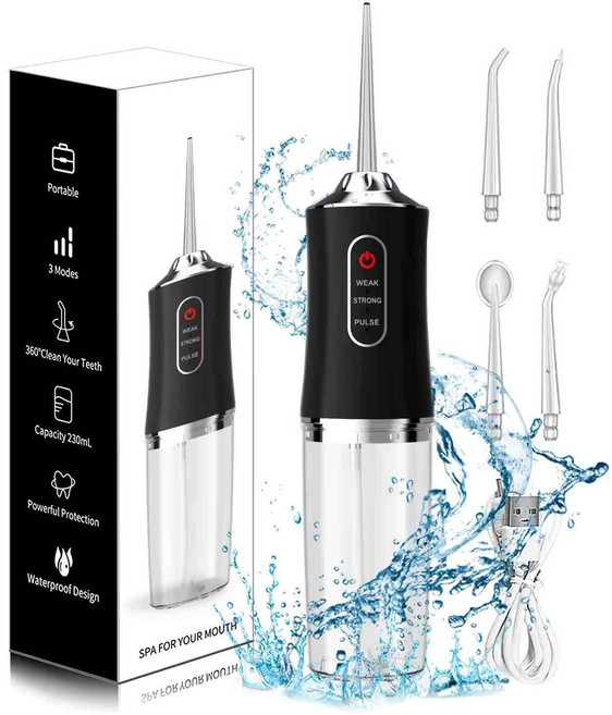 무선 전동 구강 세정기 휴대용 무선 구강 세정기 3가지 모드와 4개 노즐 가정용 구강 관리 강력 치실 여행 출장 명절 선물 구강 세정기 구강 위생, 1, 검은색