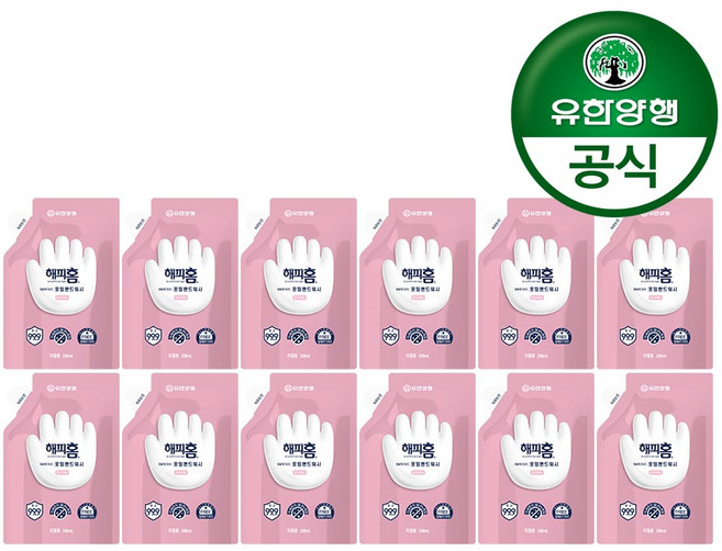 유한양행 해피홈 SAFE365 핸드워시 파우치형 리필 핑크포레향, 12개, 200ml