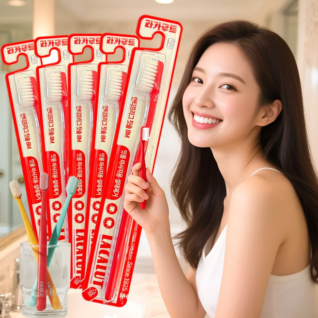 [100년자부심과기술 약국판매정품] 라카루트 8M(빨강) 칫솔 치태 프라그 설태제거 중심의 구강관리, 5세트, 1개입