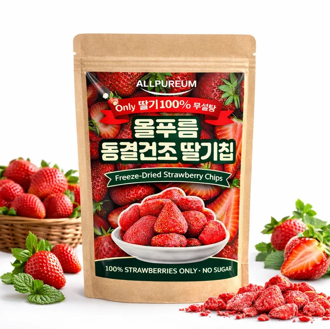 올푸름 동결 건조 딸기칩 딸기100% 무설탕 보존료 첨가물 제로 아이간식 요거트 베이킹 천연재료, 1개, 50g - 쿠팡