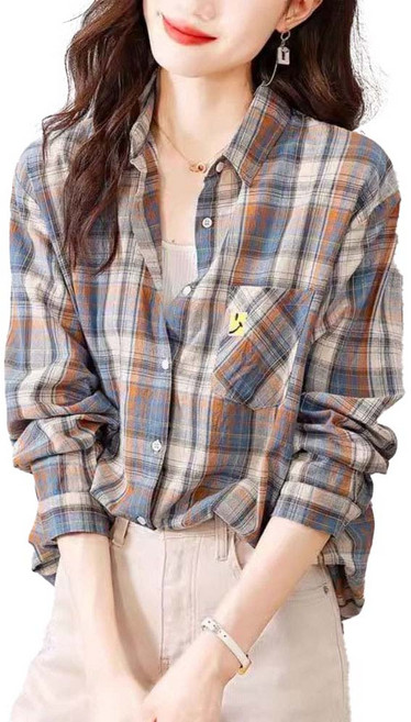 지고다그 여성 여름 린넨 체크 셔츠 루즈핏 얇은 긴팔 셔츠 여유로운 핏 시원한 통기성 셔츠 MYA0815