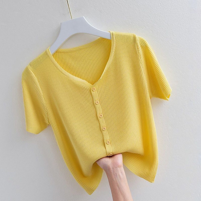 ROYALBELLE 여성 아이스실크 반팔 니트 가디건 브이넥 버튼 포인트 얇은 단색 가디건 F0052722