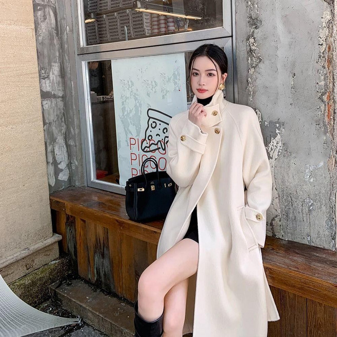 ANYOU 롱코트 여자 울더블코트 카라넥 코트 캐주얼 스타일하이넥 코트