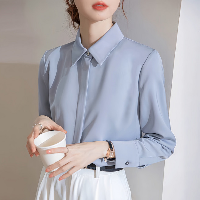 아이도스 여성 고급 패션 셔츠 새틴 쉬폰 긴팔 오피스 정장 블라우스 빅 사이즈 흰색