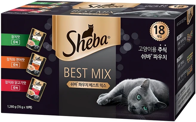 쉬바 12개월 이상 고양이 베스트 믹스 주식파우치 3종 x 6p 세트, 혼합맛, 1.26kg, 1세트 - 쿠팡