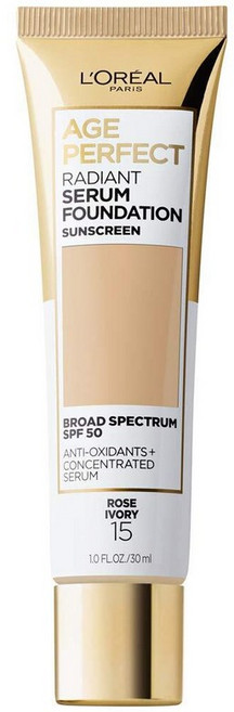 로레알 L'Oreal 파리 에이지 퍼펙트 래디언트 세럼 파운데이션 SPF 50 골든 썬 1oz 227517, 015 로즈 아이보리
