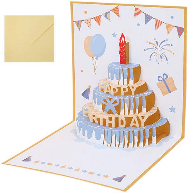 투데이리빙 생일 축하 녹음 카드 3D 입체 팝업 목소리 편지 선물 감사 초대 멜로디 미니 엽서 케익 케이크 토퍼 만들기 편지지 봉투, 1개, 블루 골드