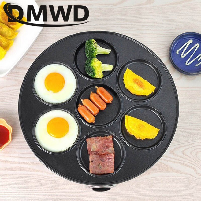 DMWD 계란용 전기 프라이팬 햄 팬 케이크 메이커 붙지 않는 아침 그릴 요리 냄비 EU 7 홀, 한개옵션0