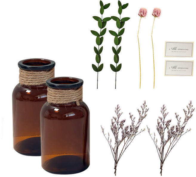 프리저브드 드라이플라워 세트 + 유리화병 시약병 130ml 2P 천일홍 유칼립투스 미스티블루 드라이플라워 섬유스틱 세트, 프리저브드+갈색병 2개세트