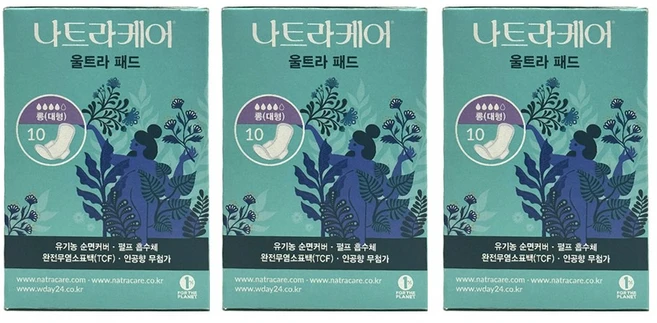 나트라케어 울트라 패드 생리대 날개형 롱, 대형, 10개입, 3개 - 쿠팡
