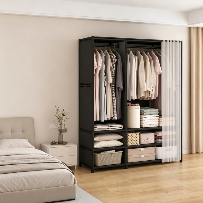 簡易衣櫃 家用臥室多層收納櫃 附防塵簾掛衣架, 【無抽屜款】-雙排-暗夜黑-衣櫃,限时活动价【多层大容量】