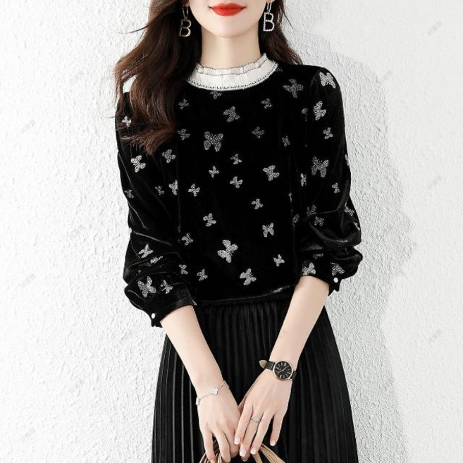 쩐쿠 여성 블랙 나비 니트 블라우스 8527