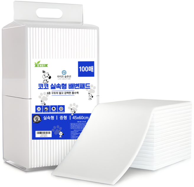 라이프솔루션 애완동물 고흡수 강아지 배변패드 중형 100매입 반려동물 무향 45 x 60cm, 1개, 100개입