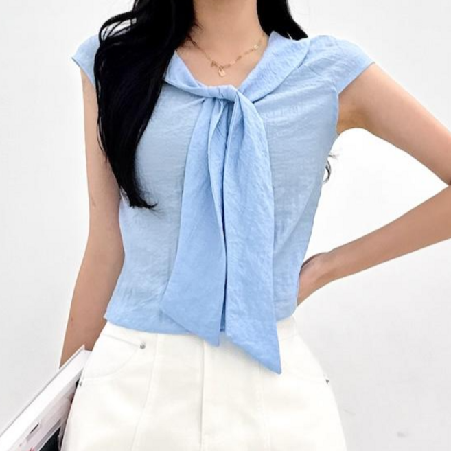 투디 드뮤어 레이온 오간자 캡소매 세일러 타이 블라우스 여름 하객룩 오피스룩 3컬러