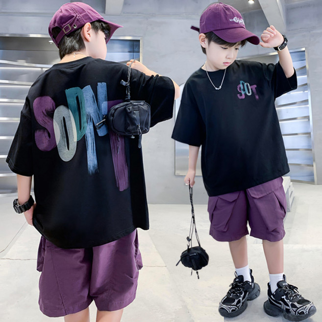 비비키드 초등생 상의 초중생 하의 주니어 반팔 반바지 의류 세트 남아 여름 대문자 영문 페인팅 포인트 카고바지 상의+하의 세트 (8227)