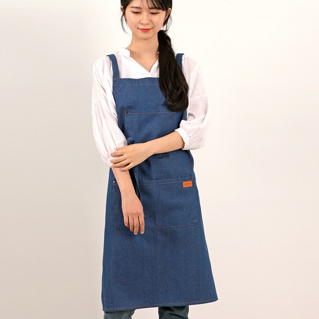 (무료 글자 자수) 블루 데님 선생님 앞치마 / 어린이집 미술 공방 카페 - 이니셜 상호 로고, 1개