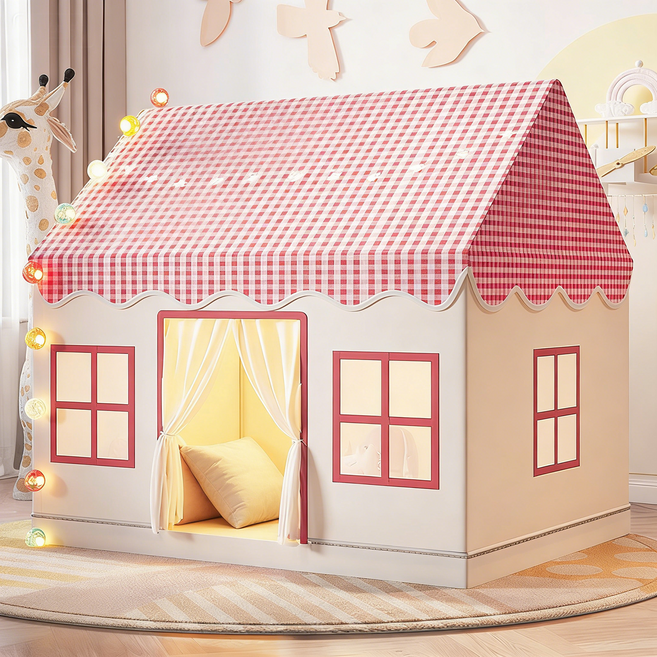 Leesheer 실내 텐트 플레이 원터치텐트 캠핑텐트 (매트 미포함), 3명, 분홍색 체크무늬