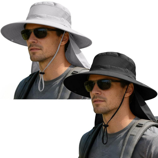 ZOORON Sun Hats for Men Women Outdoor UPF50+ Mesh Sun Hat Wide Brim Fishing Hat with Neck Flap Sun, 2, 2뉴-블랙/라이트 그레이