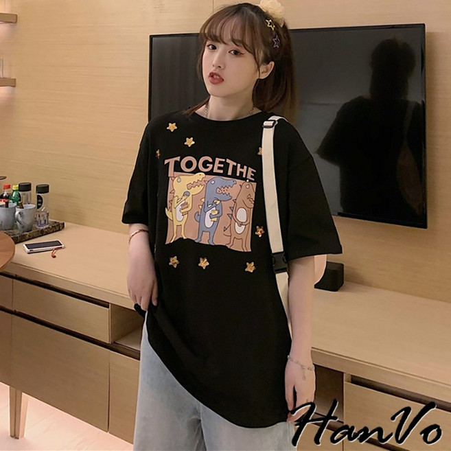 HanVo 三隻恐龍亮片星星T恤 親膚透氣百搭圓領短袖上衣 韓版簡約日常
