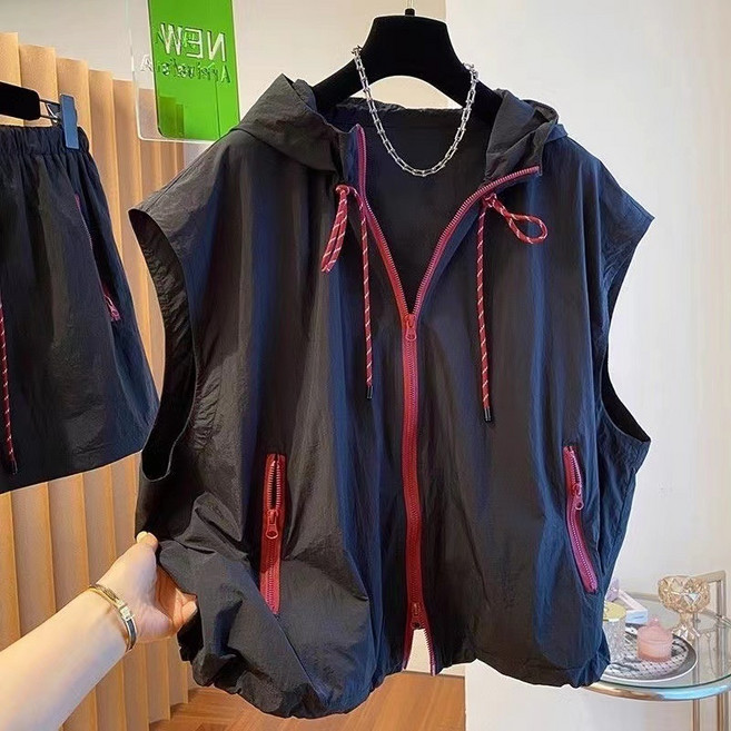 여성용 후드 포켓 베스트 여름 루즈핏 속건 민소매 집업 바람막이 자켓