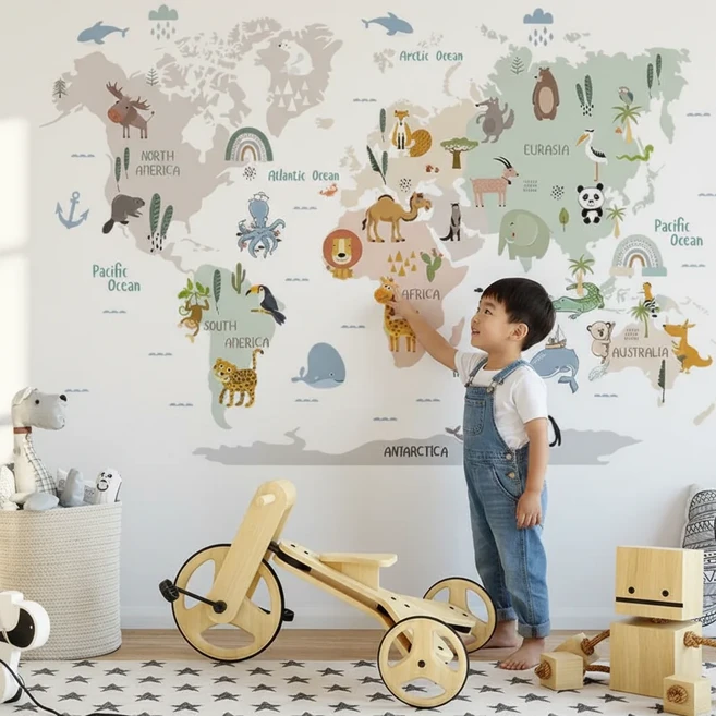 베베노트 자국 없는 아기방 벽 스티커 아이방 키 포인트 인테리어, 동물 세계지도