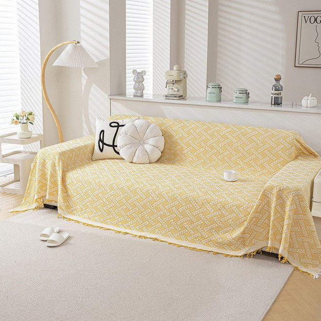 編織沙發布 奶油色系 沙發巾 沙發毯 沙發蓋布 沙發墊 背景布 沙發防塵布 餐桌布 沙發罩, 白黃T格, 1件