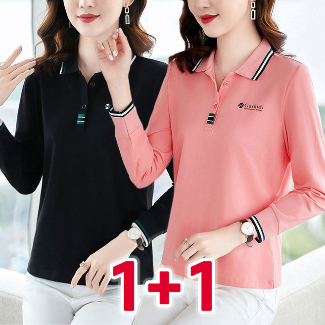 1+1 중년 여성 폴로 골프 긴팔티 봄 가을 골프웨어 캐주얼 슬림핏 이너 상의 카라 긴팔 티셔츠 루즈핏 데일리 폴로셔츠 엄마옷 2장세트 빅사이즈