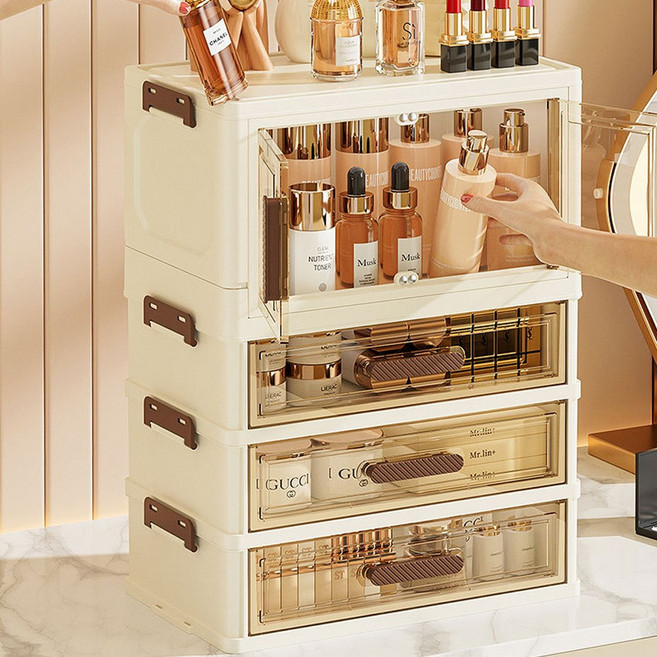 프리미엄 화장품 정리함 서랍형 디자인 화장대 대용량 투명 메이크업 수납박스, 1도어 3서랍, 1개